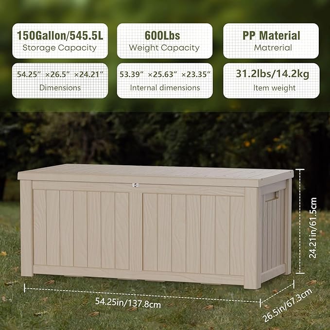 150 Gallon Deck Box Organizer, Doubles as 2-Person Bench Seat, Gray Large Resin Outdoor Storage and Seating with Lockable Lid for Garden, Pool, and Patio