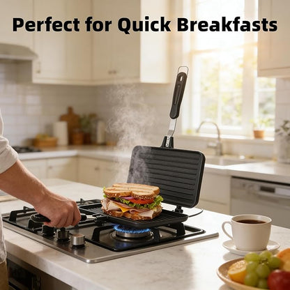 SOUJOY Sandwich Maker, Non-stick Grill Panini Maker Pan with Handle, Stovetop Toasted Aluminum Flip Pan Indoor Outdoor Camping Home Kitchen Breakfast