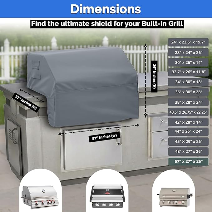 Covers & All Built-in Grill Cover for Outdoor Grill – Heavy Duty 12 oz Waterproof Built-in BBQ Grill Cover, PVC-Coated Polyester with Elastic Hem for Snug Fit (57 x 27 x 26 inches, Grey)