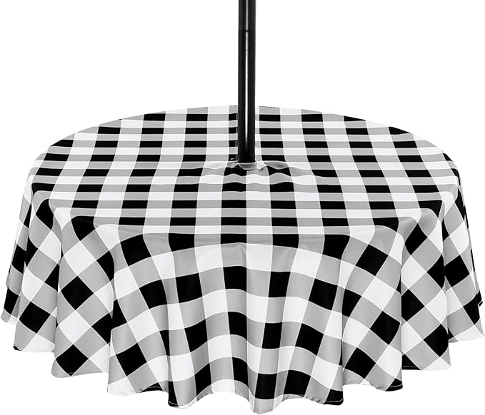 Poise3EHome Round Outdoor Tablecloth with Umbrella Hole and Zipper,Black and White Gingham 60 Inch, SpillProof Washable Table Cloth for Spring Summer Patio Garden Poolside Picnic Camping BBQS