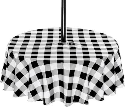 Poise3EHome Round Outdoor Tablecloth with Umbrella Hole and Zipper,Black and White Gingham 60 Inch, SpillProof Washable Table Cloth for Spring Summer Patio Garden Poolside Picnic Camping BBQS