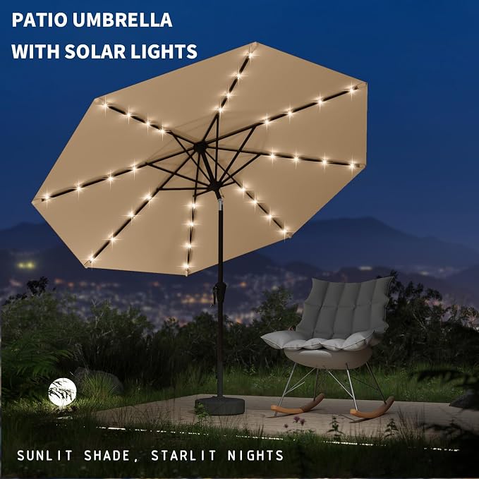 9FT Patio Umbrella with Solar Lights,Outdoor Market Umbrella with Tilt and Crank, LED Lighted Table Umbrella for Garden,Deck,Backyard,Pool,Beach (Khaki)