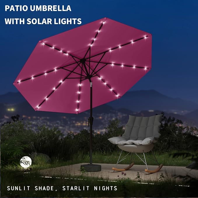 9FT Patio Umbrella with Solar Lights,Outdoor Market Umbrella with Tilt and Crank, LED Lighted Table Umbrella for Garden,Deck,Backyard,Pool,Beach (Rose Pink)