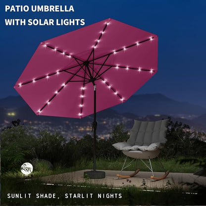 9FT Patio Umbrella with Solar Lights,Outdoor Market Umbrella with Tilt and Crank, LED Lighted Table Umbrella for Garden,Deck,Backyard,Pool,Beach (Rose Pink)