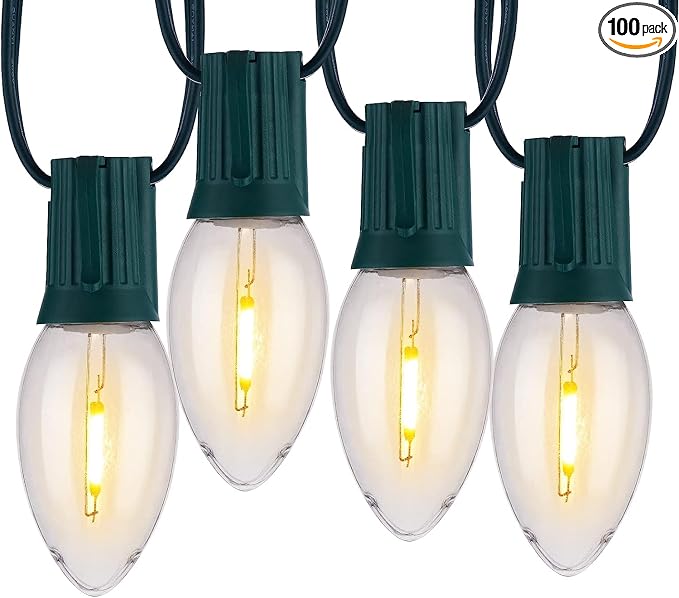 Vintage C9 Christmas Lights Outdoor, 100FT 100 LED String Lights Warm White | Waterproof Connectable Christmas Tree Lights for House, Roofline, Holiday Party, Indoor Outside, Garden Patio Backyard Decor