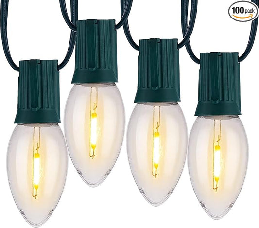 Vintage C9 Christmas Lights Outdoor, 100FT 100 LED String Lights Warm White | Waterproof Connectable Christmas Tree Lights for House, Roofline, Holiday Party, Indoor Outside, Garden Patio Backyard Decor