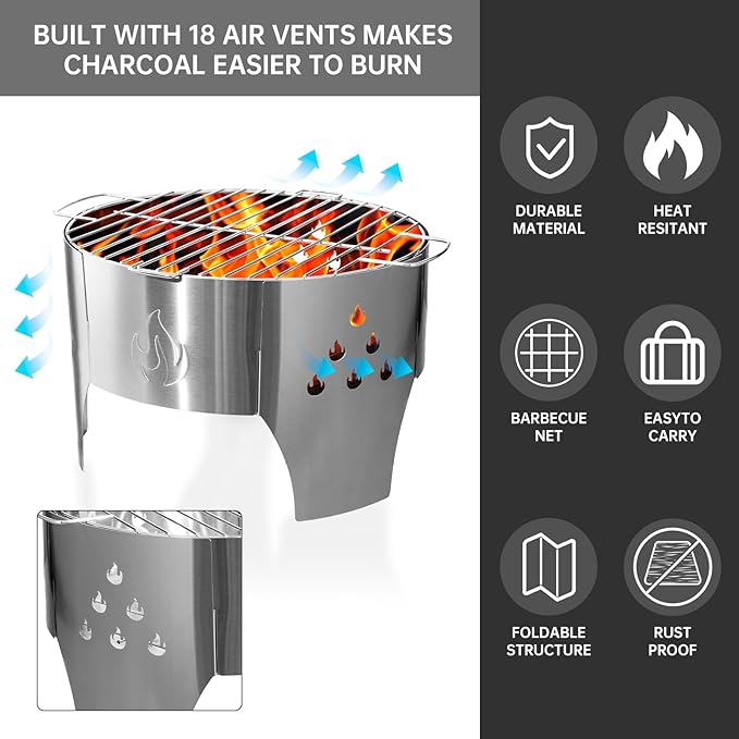 14" Portable Folding Campfire Grill, Stainless Steel Charcoal Grill with Carry Bag for Camping, Bonfire, Picnic and Backyard Cooking