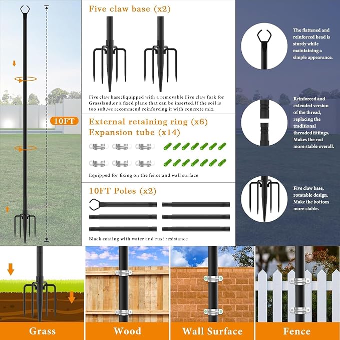Mutovlin 6 Pack String Light Poles,10 Ft Light Poles for Outside String Lights,Outdoor Lights Pole with Fork,Metal Poles Stand for Patio Deck Backyard (10FT 6 Pack)