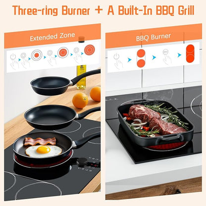 36 Inch Electric Cooktop, 5 Burner Stove Top 9600W, Built in Electric Cooktop 36", Magnetic Knob, Three-ring Burner & BBQ, Timer, Safety Lock, Pause, 220V-240V Hard Wire (No Plug)