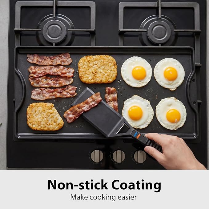 Utheer Griddle Kit, 19.5" x 10.5" Reversible Cast Iron Flat Top Griddle with 5-Piece Scratch-Free Nonstick Safe Nylon Tools, Ceramic Nonstick Grill Griddle for Stove Top, Gas Grill, BBQ and Camping