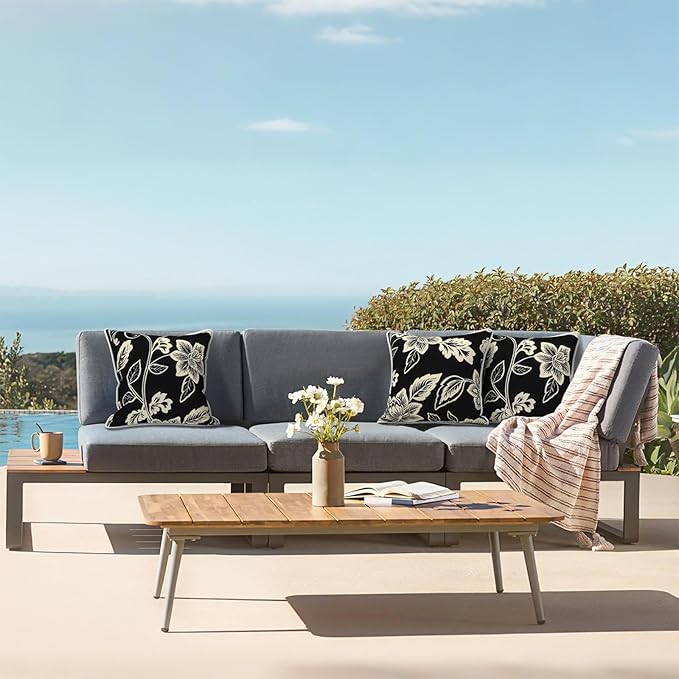 LVTXIII Outdoor Throw Pillow Covers Set of 2, Patio Waterproof Pillow Cases Fade Resistant Accent Pillow Covers for Home and Garden Furniture Decoration, 18"x18", Elegant Vines Black