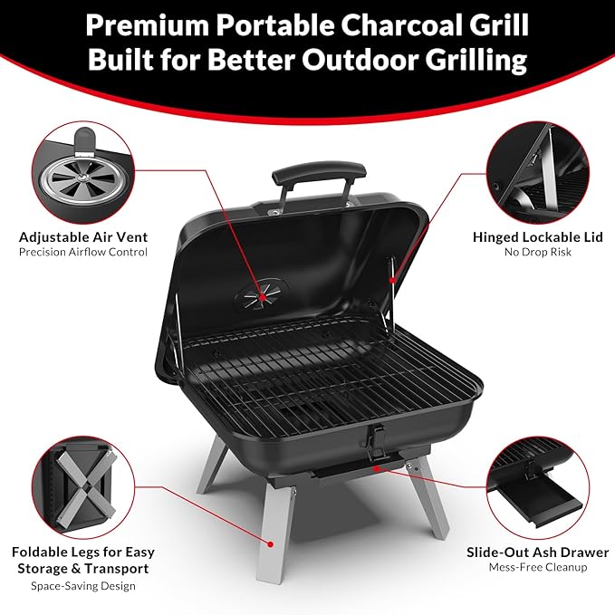 Portable Charcoal Grill, Small Charcoal Grill, Tabletop BBQ Grill, Foldable Camping Grill, Outdoor Grill for Picnic, Tailgating, Travel, Porcelain-Enamel Grates, Adjustable Air Vent