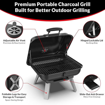 Portable Charcoal Grill, Small Charcoal Grill, Tabletop BBQ Grill, Foldable Camping Grill, Outdoor Grill for Picnic, Tailgating, Travel, Porcelain-Enamel Grates, Adjustable Air Vent
