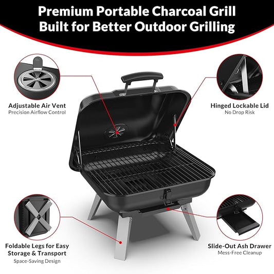 Portable Charcoal Grill, Small Charcoal Grill, Tabletop BBQ Grill, Foldable Camping Grill, Outdoor Grill for Picnic, Tailgating, Travel, Porcelain-Enamel Grates, Adjustable Air Vent
