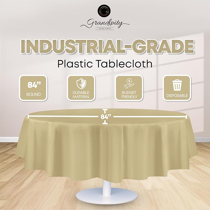 Grandipity 12 Pack Premium Disposable Plastic Tablecloth 84" Inch Decorative Round Table Cover - Beige