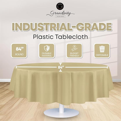 Grandipity 12 Pack Premium Disposable Plastic Tablecloth 84" Inch Decorative Round Table Cover - Beige