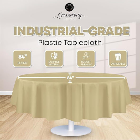 Grandipity 12 Pack Premium Disposable Plastic Tablecloth 84" Inch Decorative Round Table Cover - Beige