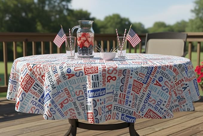 Newbridge Celebrate America Patriotic Blue Stars and Stripes 70 Inch Round Vinyl Tablecloth with Flannel Backing, Indoor Outdoor Waterproof BBQ Picnic Patriotic Party Table Cover