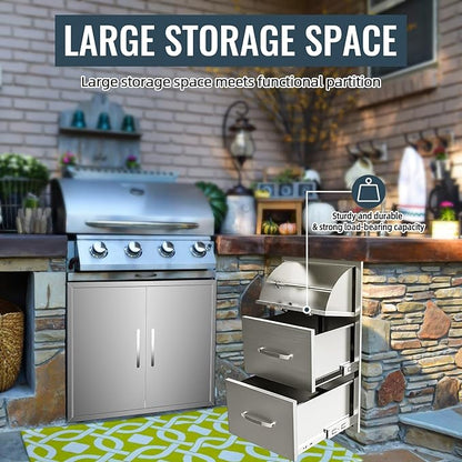 Outdoor Kitchen Drawer 17 x 30 inch Flush Mount BBQ Layer Drawer, Durable Stainless Steel Kitchen Drawer Outdoor Kitchen Access Drawer for BBQ Island Patio