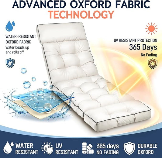 MAGIC ELEPHANT Chaise Lounge Cushion Outdoor, Memory Foam Patio Lounge Chair Cushion with Ties for Indoor Outdoor Furniture, Water-Repellent Replacement Long Chair Cushion (Antique White)