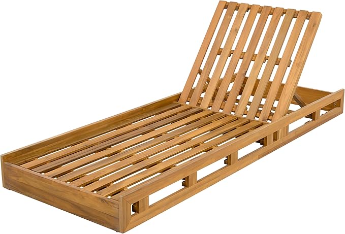 Merax Patio Chaise Lounge with Adjustable Backrest & Cushion, Acacia Wood Recliner Chair with Teak Finish for Backyard Pool Garden