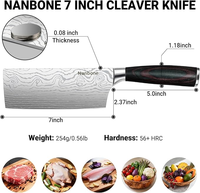 Nakiri Knife 7 Inch Sharp Meat Cleaver and Vegetable Kitchen Knife Damascus Asian Chef Knife for Home and Kitchen with Ergonomic Handle High Carbon Stainless Steel knife Chef Cooking Gift