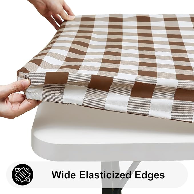 Smiry Rectangle Picnic Table Cloth, Elastic Waterproof Fitted Vinyl Tablecloths, Flannel Backed Buffalo Plaid Table Covers for Dining, Camping, Outdoor (White and Brown, 30" x 60")