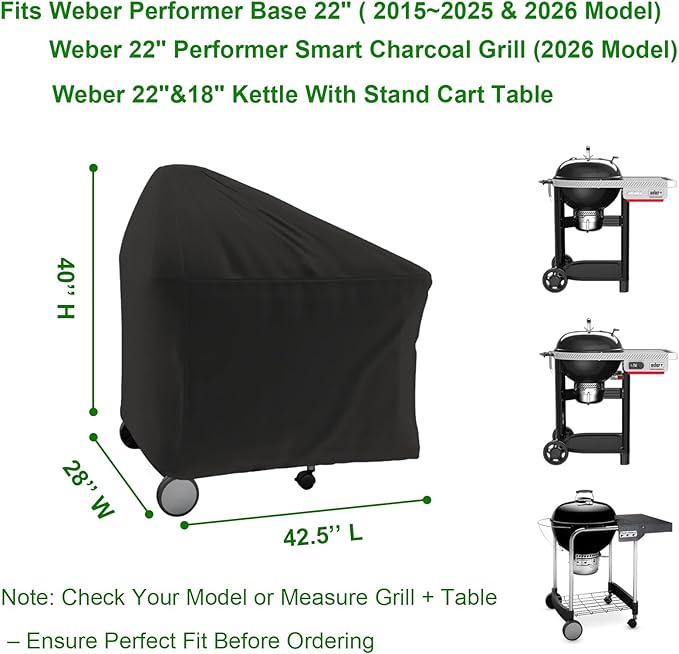 Grill Cover Fits Weber Performer Base 22" Charcoal Grills & 22" Performer Smart Charcoal Grill, Compared to Weber 7151,Outdoor Waterproof BBQ Cover 42.5"" W x 28"" D x 40"" H