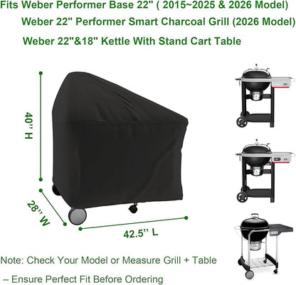 Grill Cover Fits Weber Performer Base 22" Charcoal Grills & 22" Performer Smart Charcoal Grill, Compared to Weber 7151,Outdoor Waterproof BBQ Cover 42.5"" W x 28"" D x 40"" H