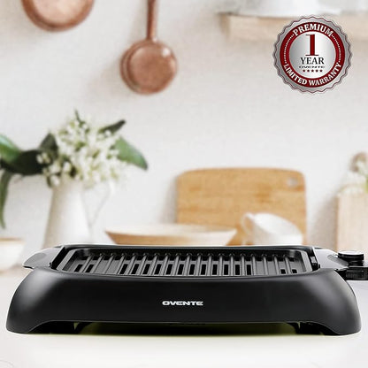 OVENTE Electric Indoor Grill with 13x10 Inch Non-Stick Cooking Surface, 1000W Fast Heat Up Power, Adjustable Temperature, Removable and Dishwasher Safe Grilling Plate and Drip Tray, Black GD1632NLB