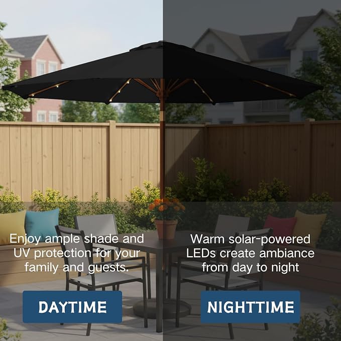 9' Solar LED Patio Umbrella with Tilt & Crank|8 Sturdy Ribs,UV Protection,Outdoor Market Table Umbrella for Deck,Lawn,Pool,Backyard(Black)