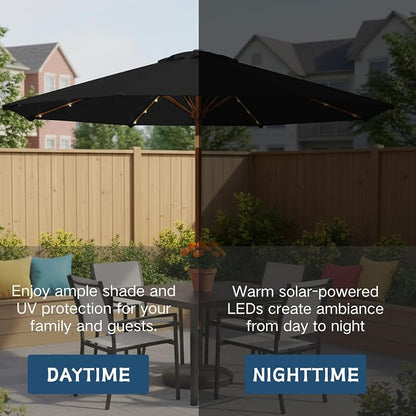 9' Solar LED Patio Umbrella with Tilt & Crank|8 Sturdy Ribs,UV Protection,Outdoor Market Table Umbrella for Deck,Lawn,Pool,Backyard(Black)