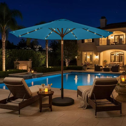 9' Solar LED Patio Umbrella with Tilt & Crank|8 Sturdy Ribs,UV Protection,Outdoor Market Table Umbrella for Deck,Lawn,Pool,Backyard(Lake Blue)