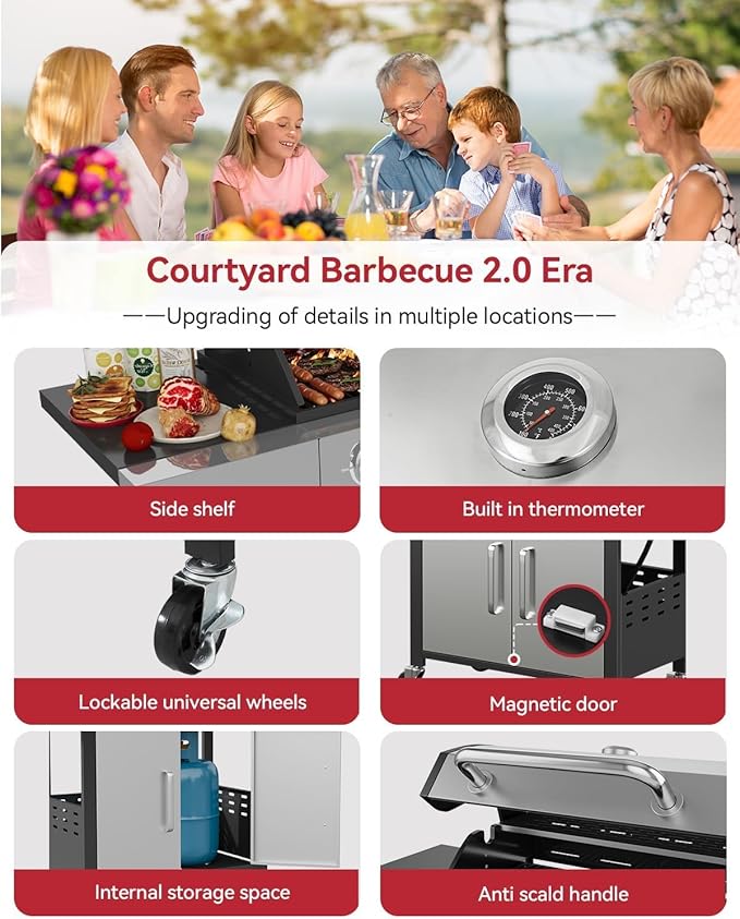 Aoxun 4-Burner Propane Grill with Side Burner, 49000 BTU Gas Grill, Stainless Grill with Cast Iron Grates & Side Tables for Backyard, Patio, Camping, Black and Silvery