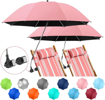2 PACK Beach Umbrella with Clamp, 360 ° Adjustable Umbrellas for Chair, UPF50+ Umbrella for Beach Chair, Patio Chair, Wheelchair, Camping Chair, Golf Carts (Chair Not Included)