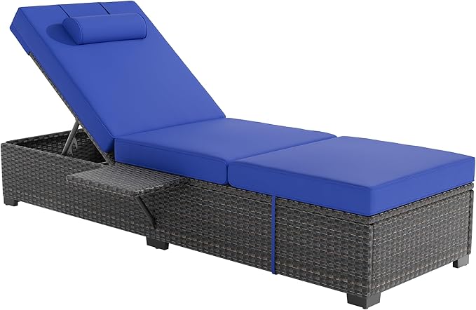 GAOMON Outdoor PE Wicker Chaise Lounge Chairs Set of 2 Patio Brown Rattan Reclining Chair Adjustable Backrest Pool Sunbathing Recliners with Cushion Cover, Navy