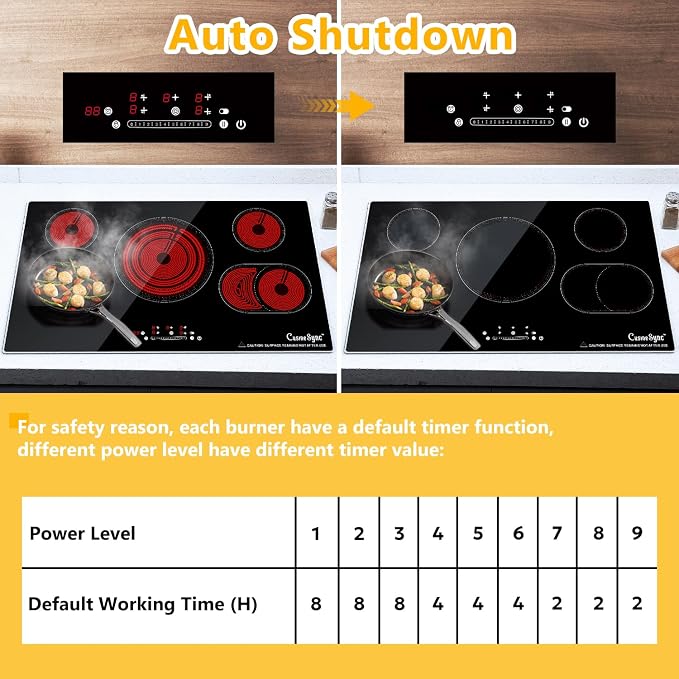 36 Inch Electric Cooktop 5 Burner Radiant Stove Top 9200W | 220-240V hardwired radiant cooktop with expandable zones independent timers overflow protection and flat-bottom cookware use