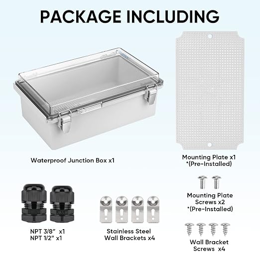 TICONN Outdoor Electrical Box Waterproof, Junction Box IP67 ABS Plastic Enclosure with Hinged Cover with Mounting Plate, Wall Brackets, Cable Glands (Clear, 10.2"x6.3"x3.9")