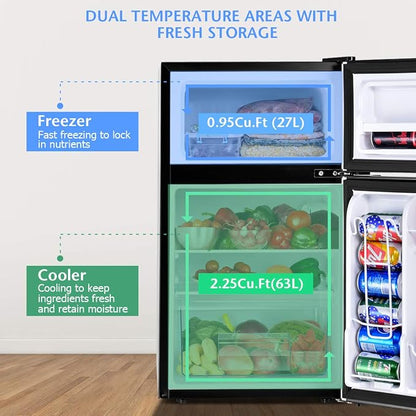 COSTWAY 3.2 Cu.ft. Mini Fridge with Freezer for Bedroom, Dorm, Office | Small Compact Refrigerator with Reversible 2-Door, Adjustable Temperature, LED Lights, Removable Glass Shelves, Black
