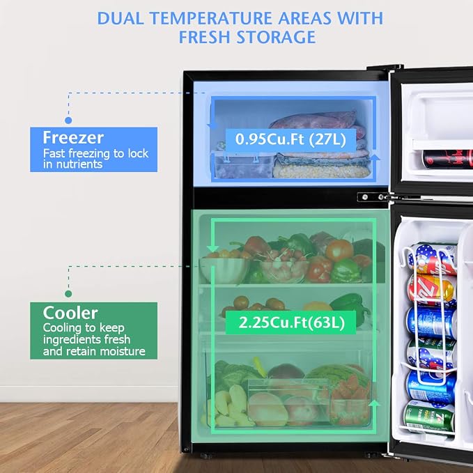 COSTWAY 3.2 Cu.ft. Mini Fridge with Freezer for Bedroom, Dorm, Office | Small Compact Refrigerator with Reversible 2-Door, Adjustable Temperature, LED Lights, Removable Glass Shelves, Grey