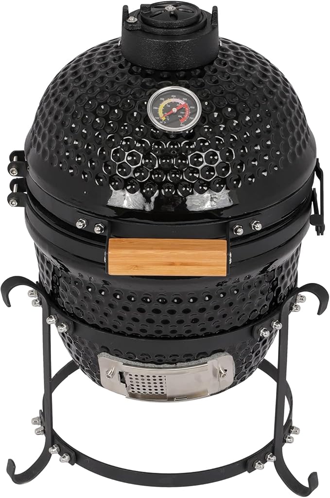13" Round Kamado Charcoal Grill, Portable Ceramic Barbecue Grill with Thermometer for Variations on Cooking Methods(Black) (Black)