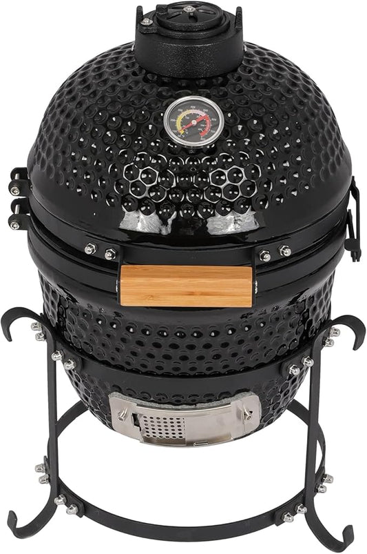 13" Portable Round Ceramic Charcoal Grill,Outdoor Barbecue Smoker,Heavy Duty Outdoor BBQ Grill,Vertical Camping Barbecue Grill,with Built-in Thermometer,for Garden Patio Beach Backyard (Black)