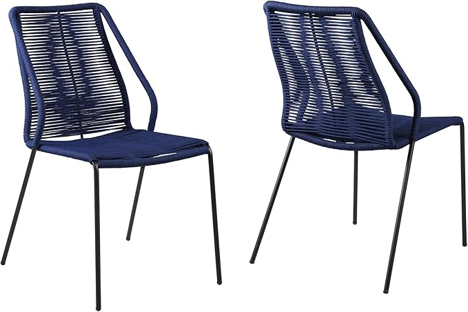 armen LIVING Clip Modern Indoor Outdoor Patio Stackable Steel Dining Chair with Blue Rope - Set of 2