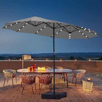 15ft Double Sided Patio Umbrella with Solar Lights, Outdoor Large Umbrellas with Crank Handle and 36 LED Lights, Rectangular Market Umbrella with Base Included for Deck Pool Shade (With Base)