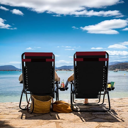 Nestl Padded Oversized Zero Gravity Chair, XL Outdoor Lounge Chair Set of 2 | Adjustable Headrest, Cup Holder & Side Tray, Support 330 LBS, Reclining & Foldable, For Patio Beach & Camping, Black/Burgundy