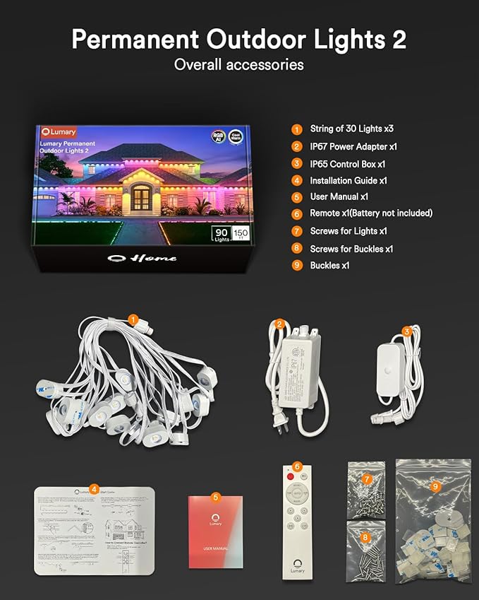 Lumary Permanent Outdoor Lights 2 with Remote, Slide-Base, 150ft with 90 RGBAICW LEDs 5400lm for House Daily & Accent Lighting, DIY 110+ Scene for Christmas Decor, Compatible with Alexa Google, White