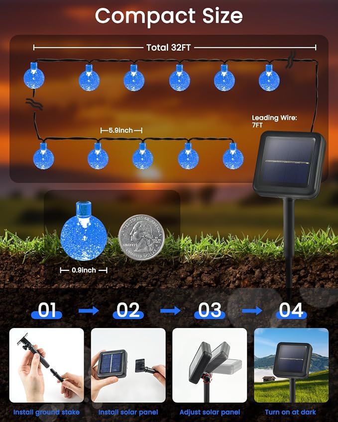 Solar String Lights Outdoor Waterproof 2 Pack 100 LED 64FT Patio Lights | Blue Crystal Globe, 8 Lighting Modes, Auto On/Off, Solar Powered String Light for Outside Yard Wedding Party Tree Decorations