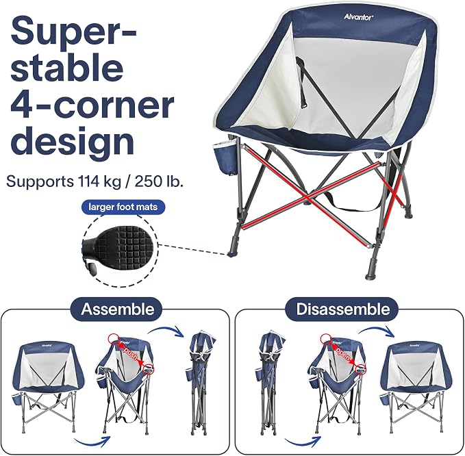 Alvantor Folding Camping Chair with Breathable Mesh, Portable Outdoor Chair for Adults, Heavy Duty Steel Frame Supports 250 lbs, Built-in Cup Holder, Carry Strap for Camping Beach Sports Tailgating