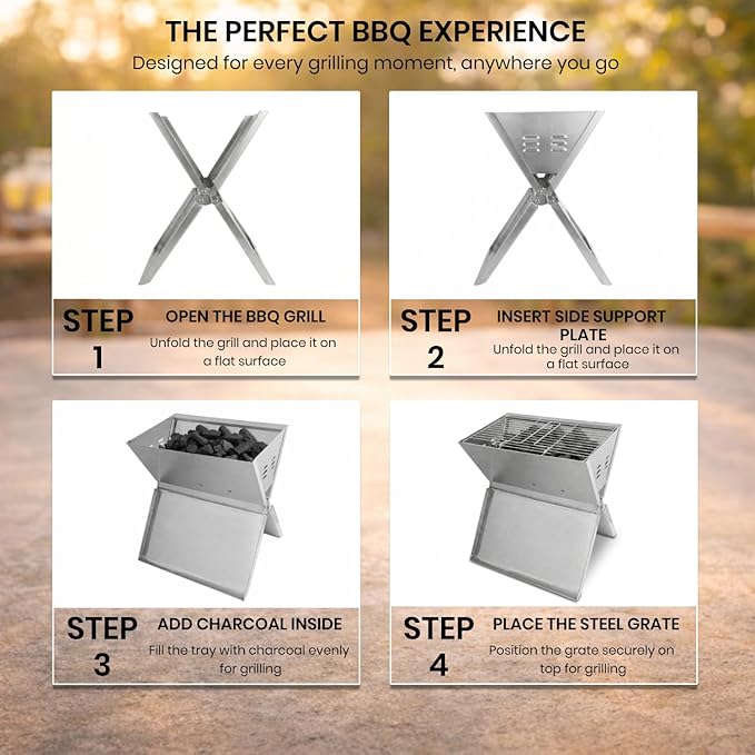 VED Portable Barbecue Grill – Foldable Notebook Style BBQ | Stainless Steel Charcoal Grill for 2-3 People | Outdoor BBQ for Camping, Terrace, Patio & Beach (35x24x39 cm)