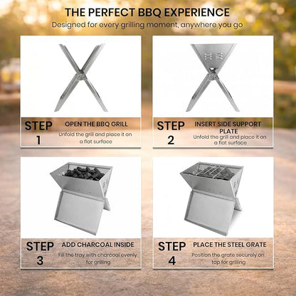 VED Portable Barbecue Grill – Foldable Notebook Style BBQ | Stainless Steel Charcoal Grill for 2-3 People | Outdoor BBQ for Camping, Terrace, Patio & Beach (35x24x39 cm)